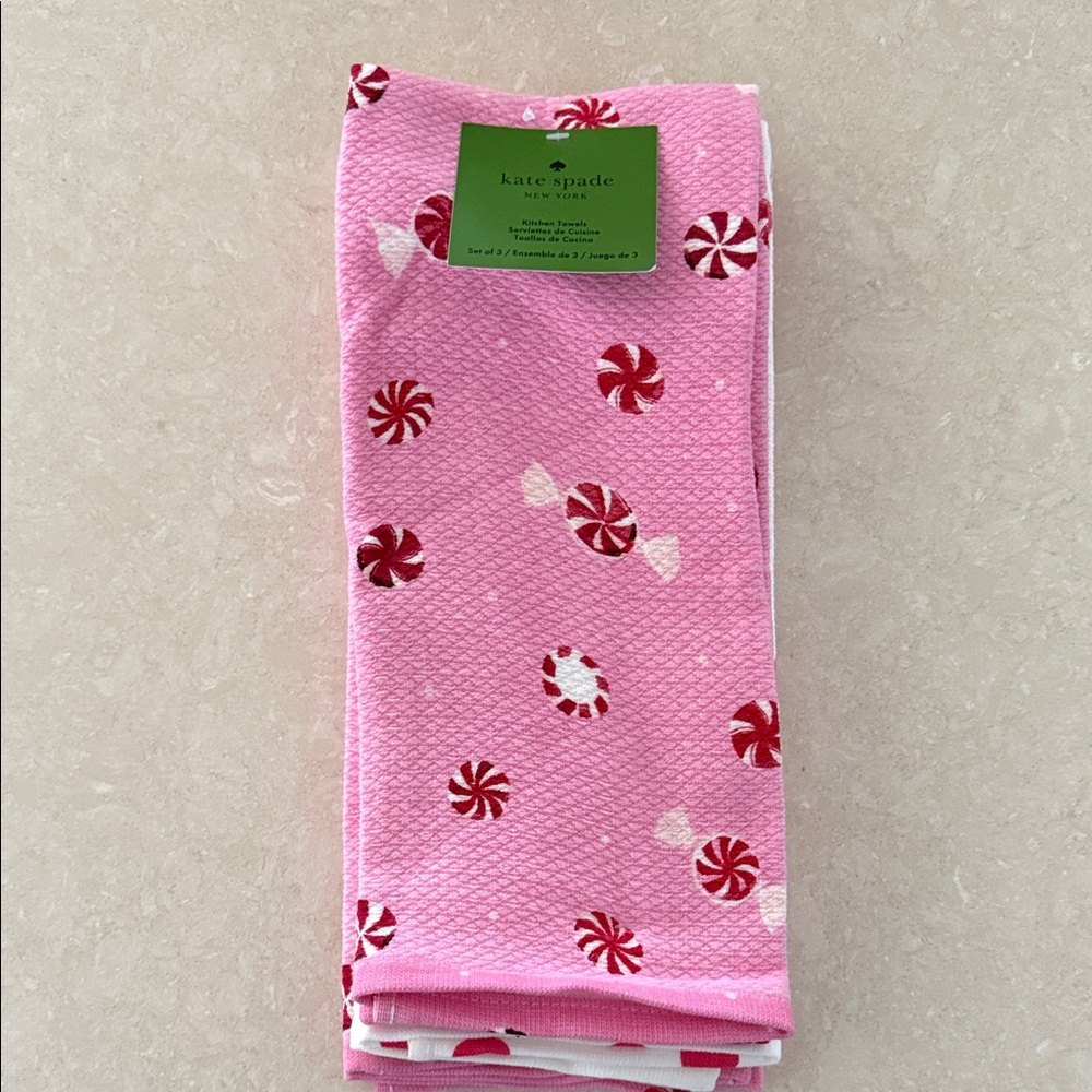 Kate Spade Pink Candy Pattern Kitchen towels. Set of 3